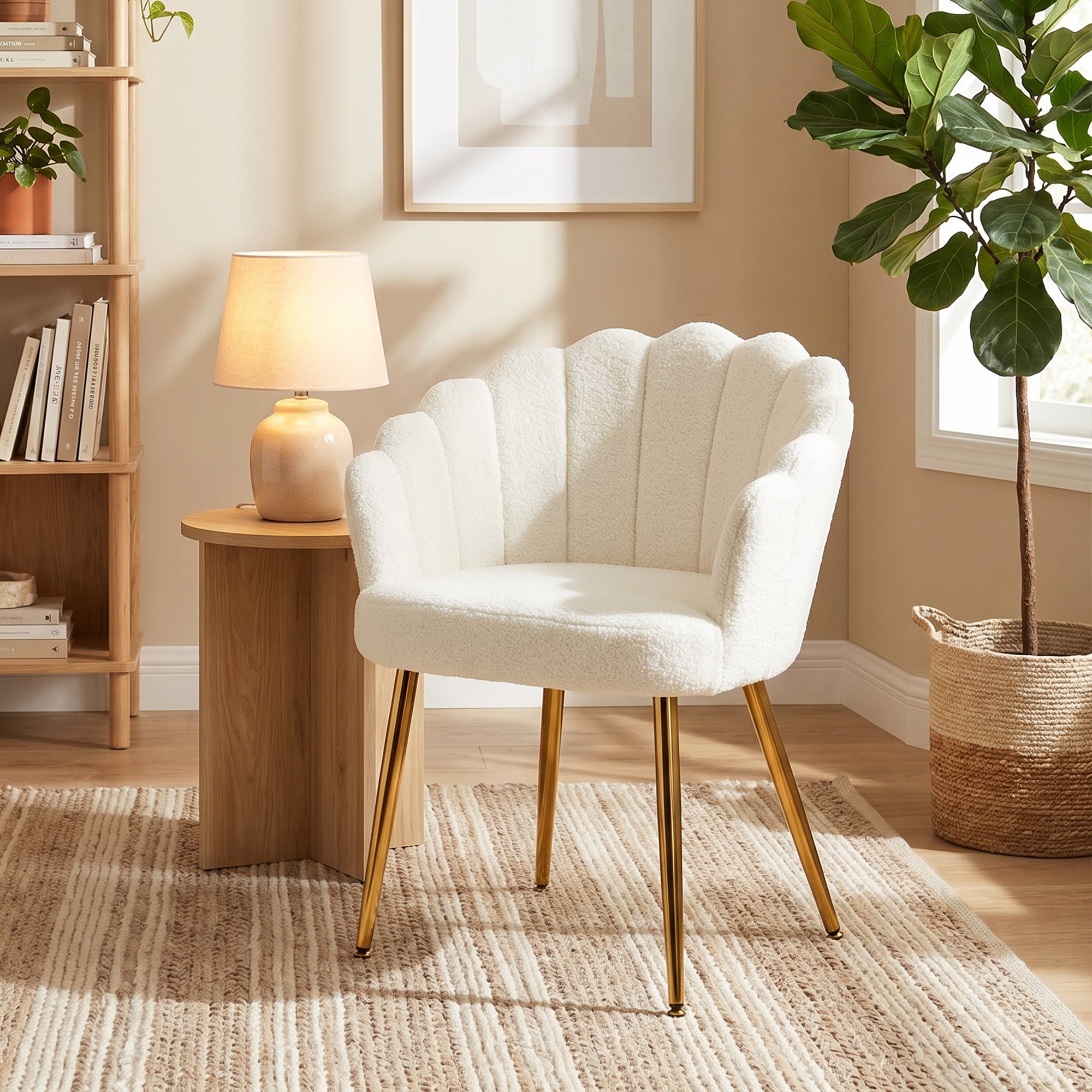 Lounge Chair Petal-Back Armchair Metal Metal Legs for Living Room Bedroom Cream