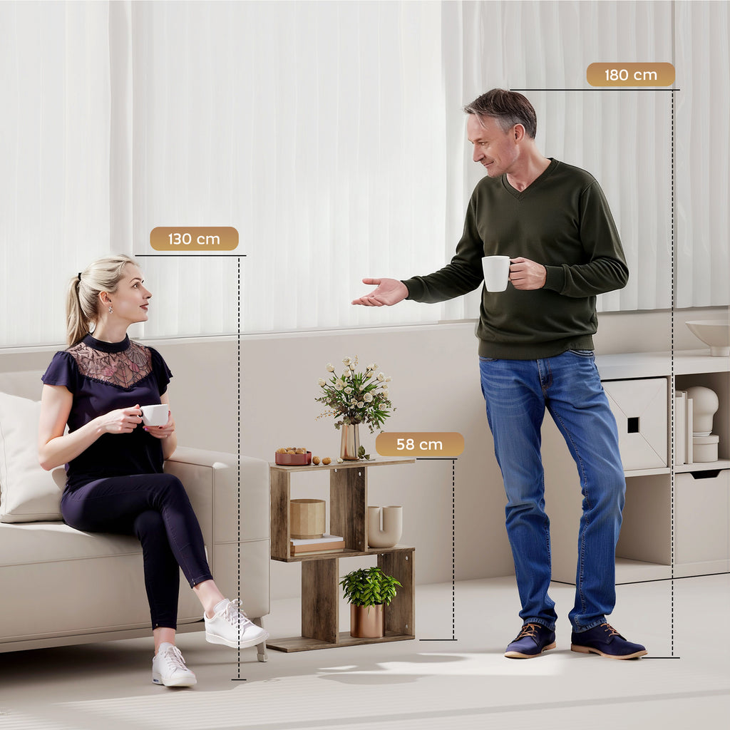 Side Table, Narrow End Table with Storage Shelves, S-Shaped, 3-Tier, 50W x 19.5D x 58H cm, Oak
