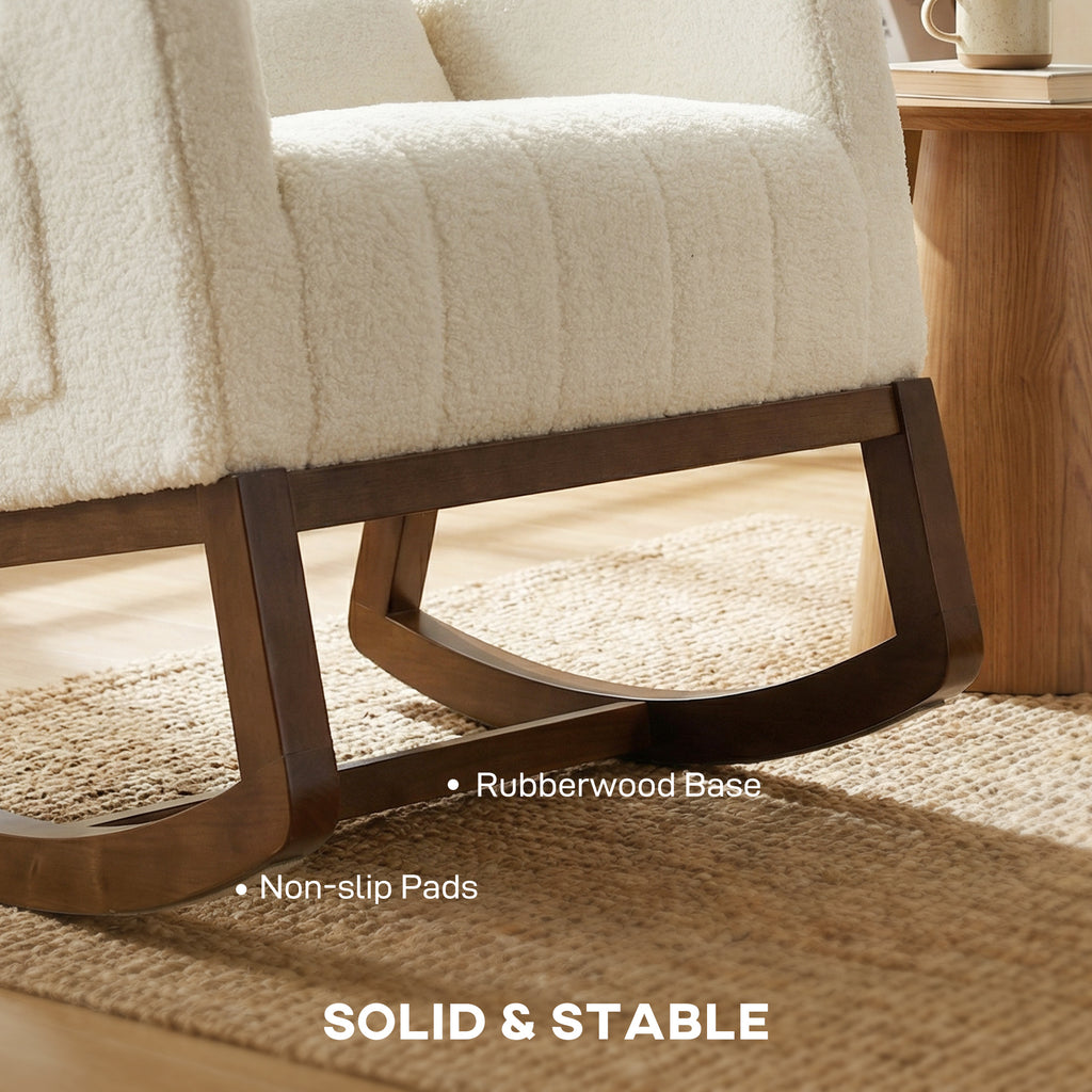 Rocking Chair for Adults, Lounge Rocker Chair with Lumbar Pillow, High Back, Wood Base, Side Pockets, Cream White