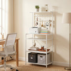Freestanding Shelving Unit, Industrial Storage Shelf with 6 Hooks and Wine Rack for Living Room, Home Office, White