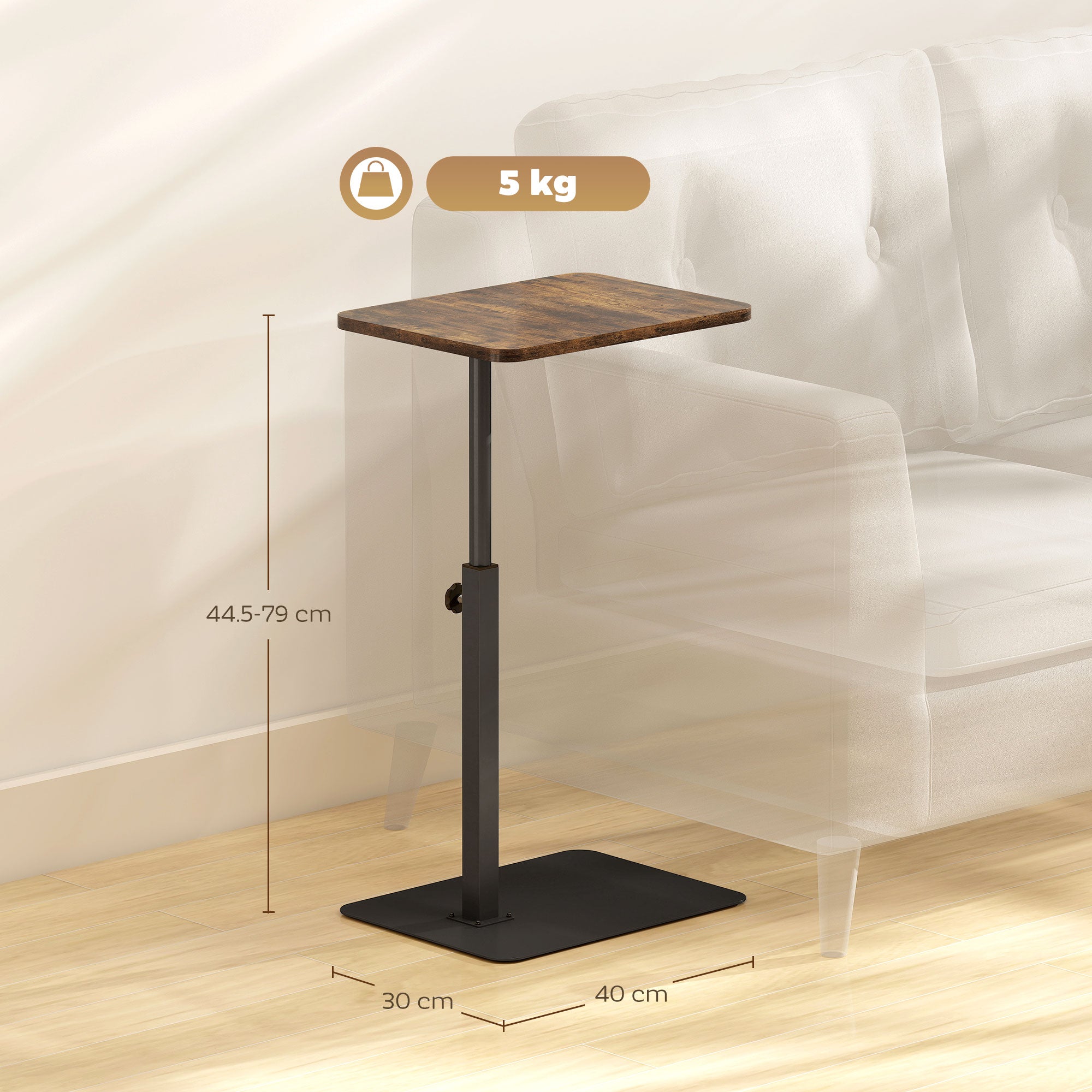 C Shaped Side Table, Small End Table with Adjustable Height and Metal Base for Living Room, Bedroom, Rustic Brown