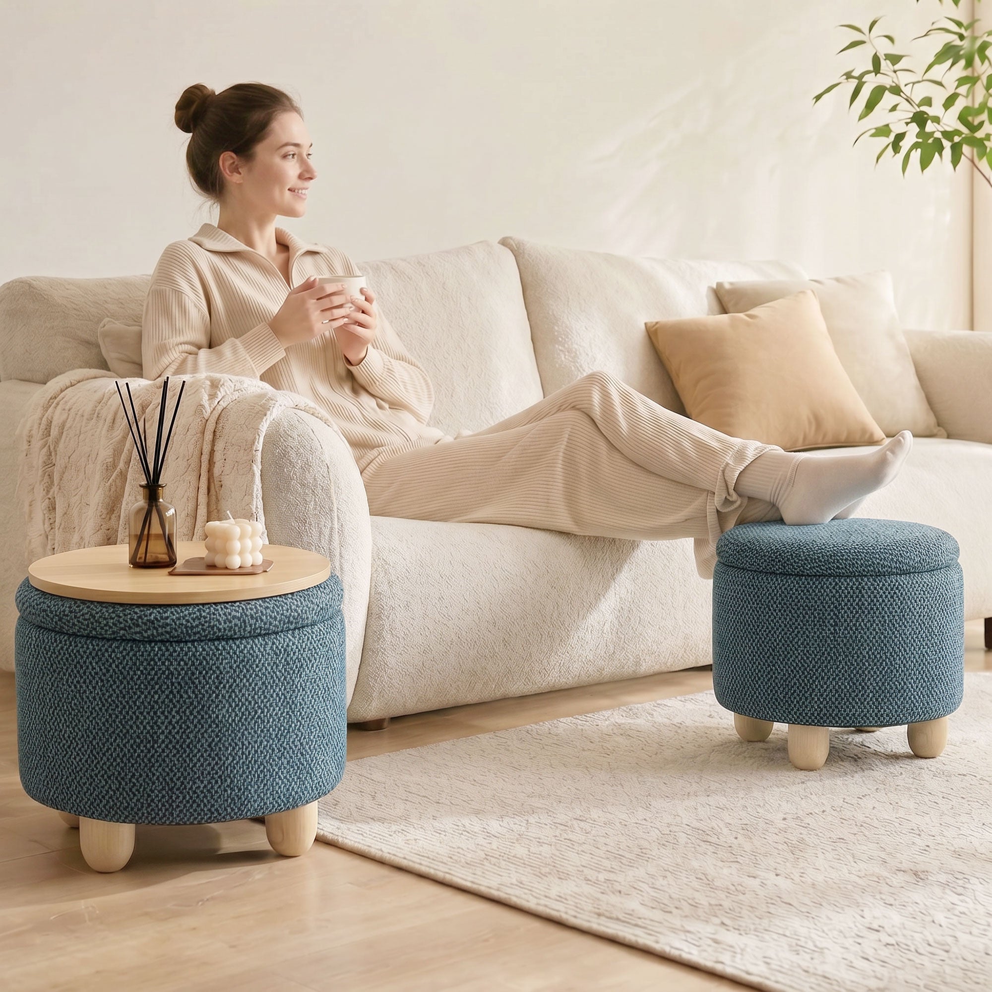 Storage Sitting Bench with Lid, Round Storage Ottoman with Rubberwood Legs, Dark Blue