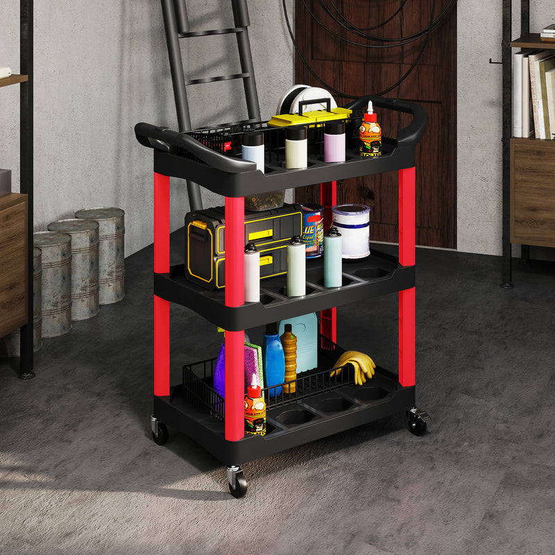 3-Tier Rolling Tool Trolley with Handles, 91kg Capacity – Black/Red – image 8 of 9