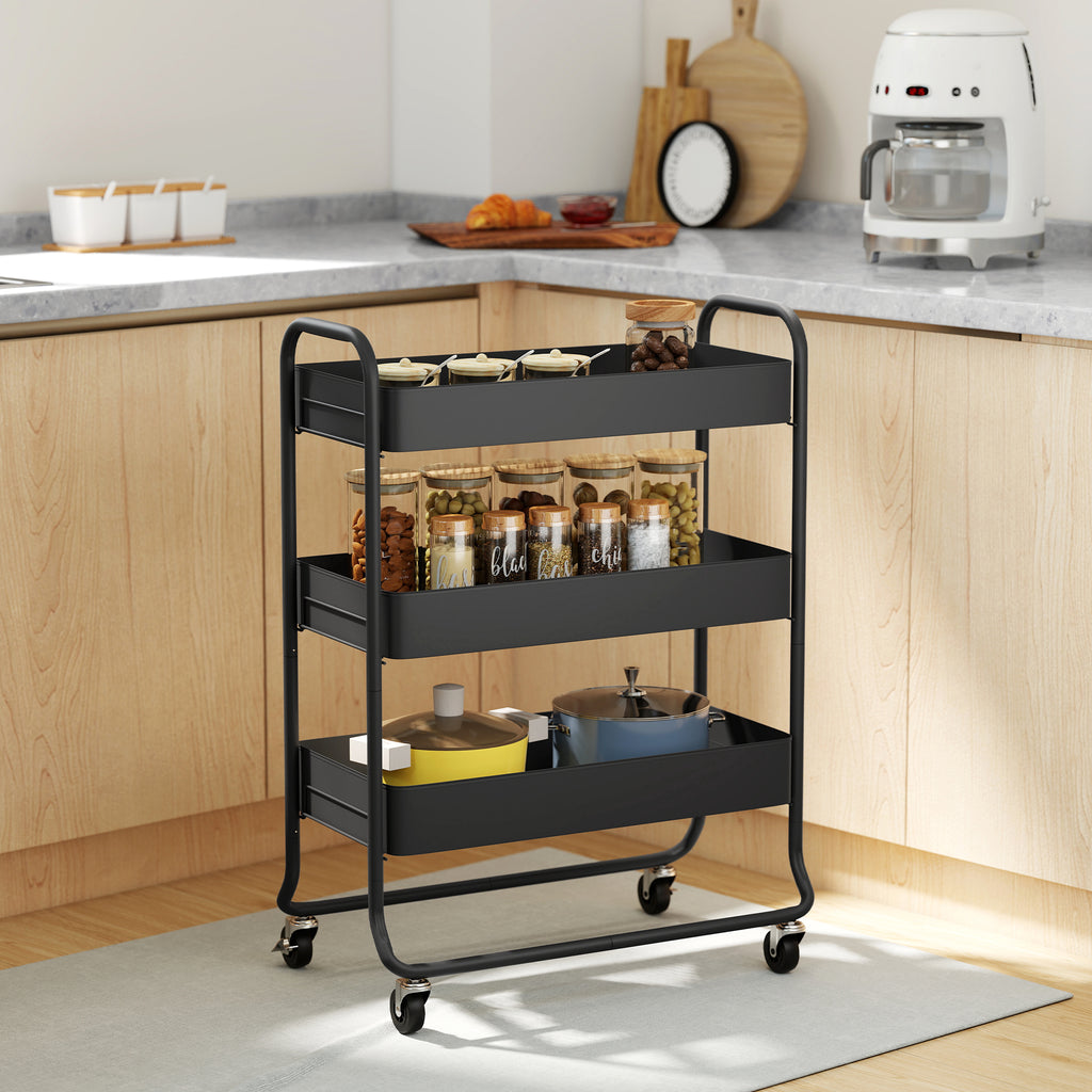HOMCOM 3-Tier Storage Trolley on Wheels with Mesh Baskets - Black