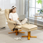 PU Leather Swivel Recliner Chair with Footstool, Wooden Base and Storage for Living Room, Beige