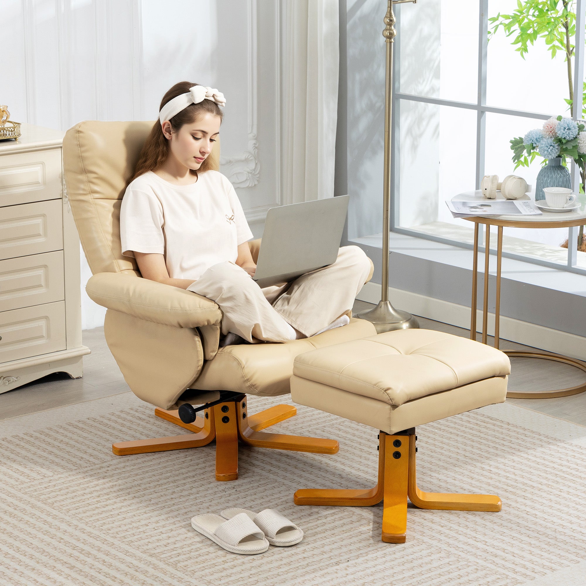 PU Leather Swivel Recliner Chair with Footstool, Wooden Base and Storage for Living Room, Beige