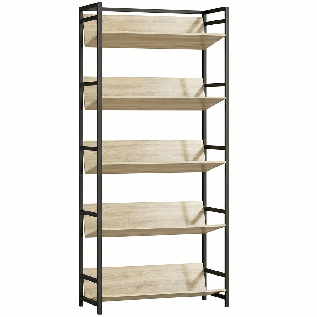Bookshelf 5-Tier Metal Frame Bookcase Storage Shelves for Living Room Oak