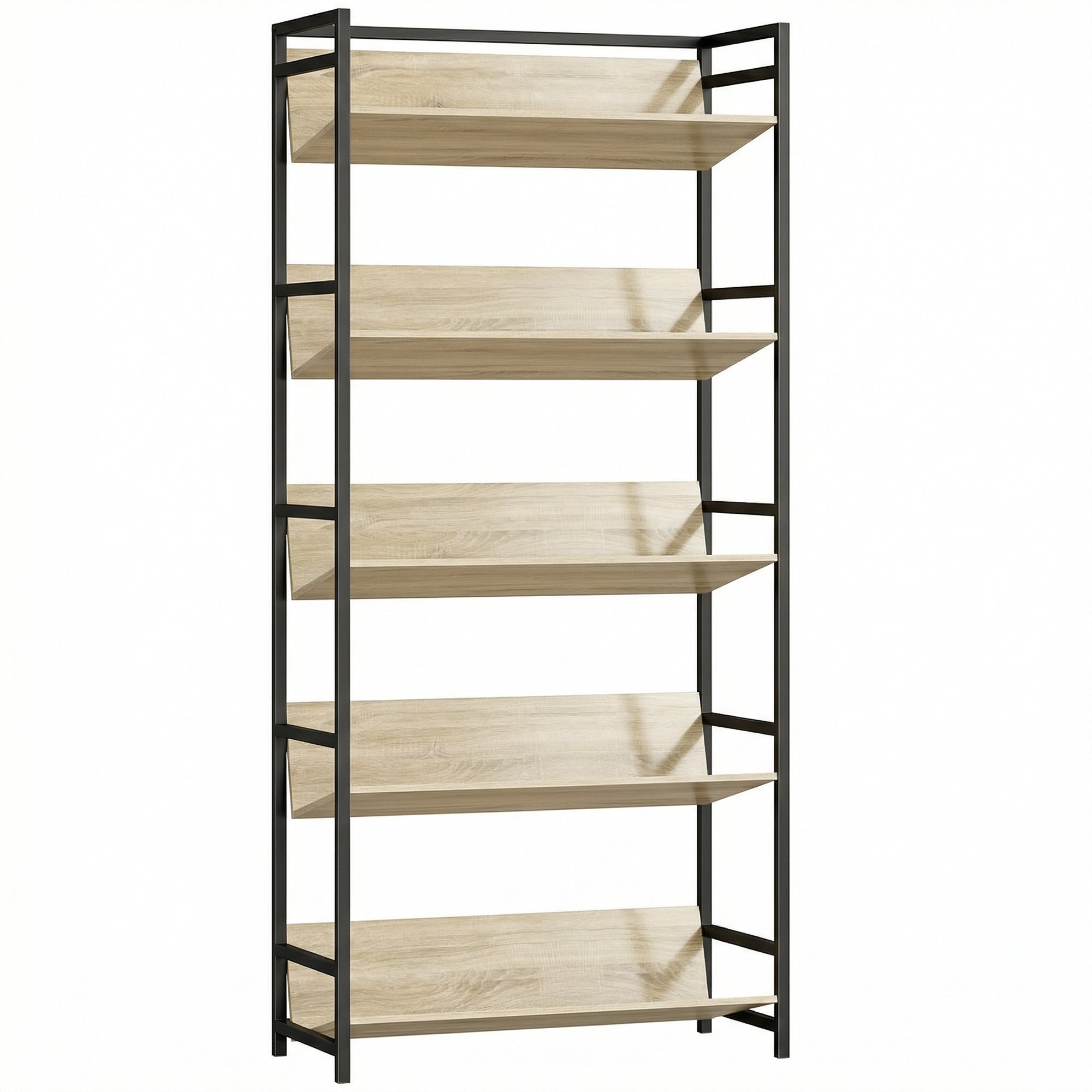 Bookshelf 5-Tier Metal Frame Bookcase Storage Shelves for Living Room Oak