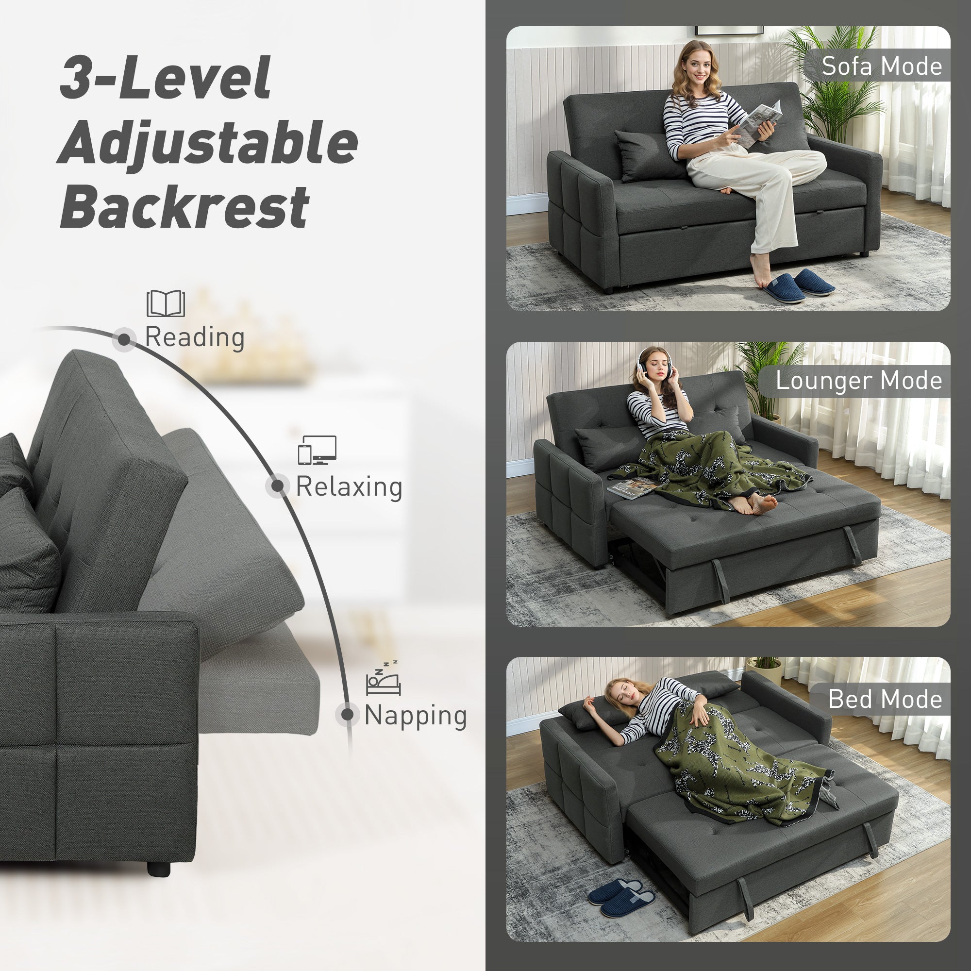 Three-Way Two-Seater Sofa Bed - Charcoal Grey