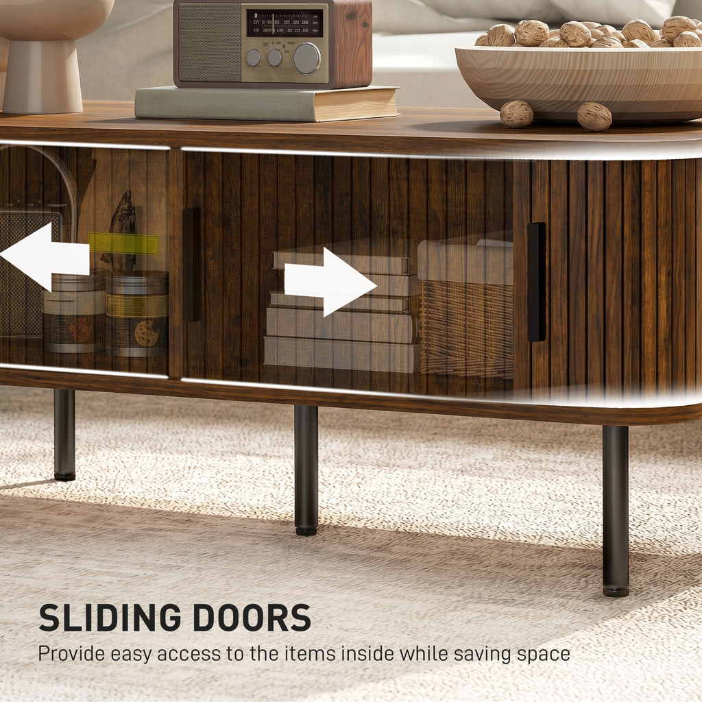 Coffee Table with Storage, Living Room Table with Slatted Tambour Sliding Doors and Adjustable Foot Pads, Rectangular Coffee Table with Elevated Base for Living Room, Rustic Brown