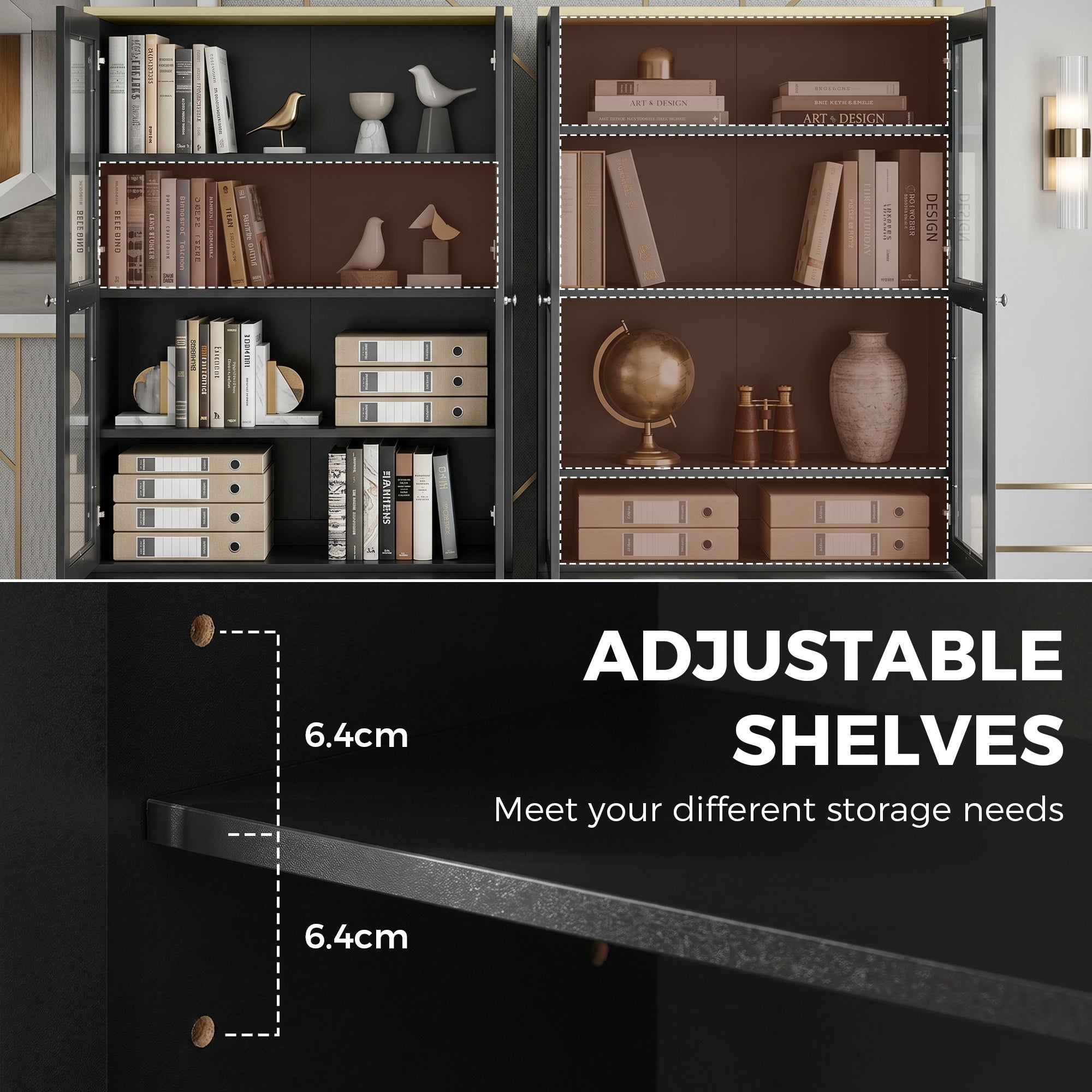 Modern Bookcase Display Storage Unit with Glass Doors Adjustable Shelves, Black