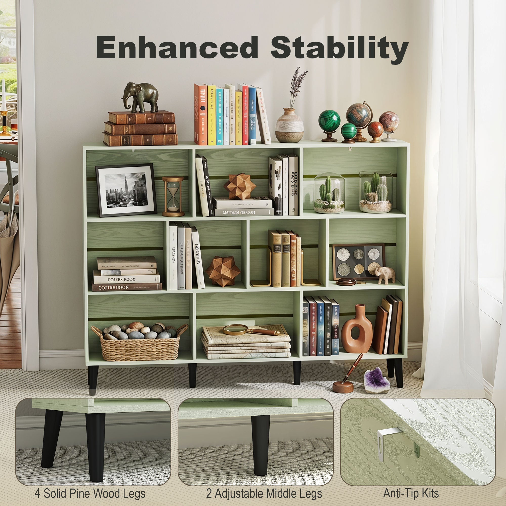 10-Cube Bookcase, 3-Tier Book Shelf with Solid Wood Legs, 140 cm Modern Bookshelf with Anti-Tip Kit, Light Green