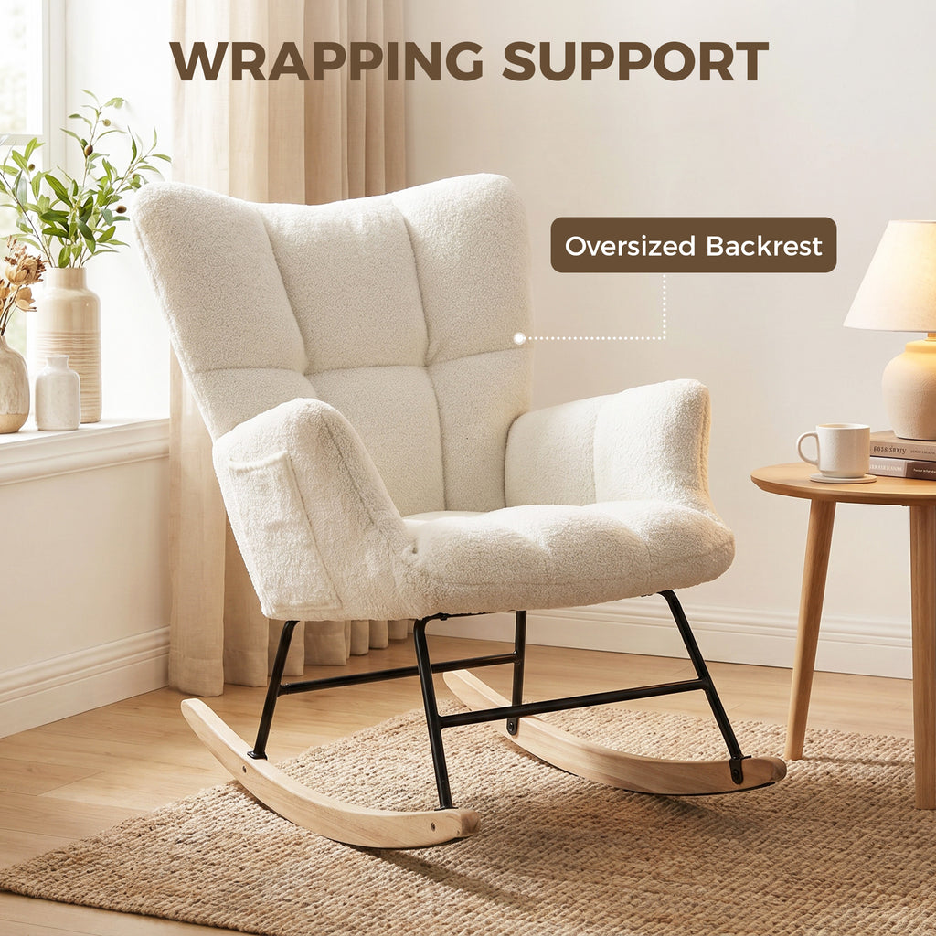Rocking Chair, Teddy Fleece Rocker Chair with Tufted Wingback, Side Pockets, Rubber Wood Legs, Cream White