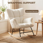 Rocking Chair, Teddy Fleece Rocker Chair with Tufted Wingback, Side Pockets, Rubber Wood Legs, Cream White