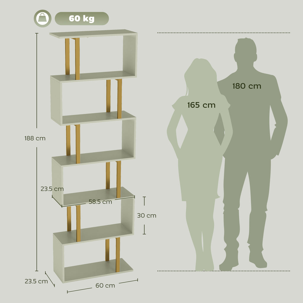 S-Shaped Bookshelf, 6-Tier Bookcase, Freestanding Storage Shelves with Anti-Tip Strap, Light Green