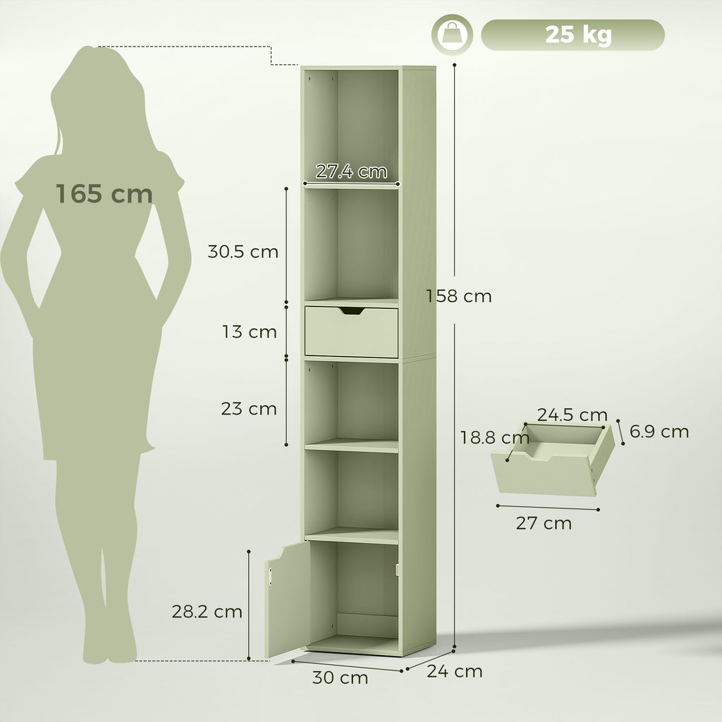 6-Tier Bookcase, Tall Narrow Bookshelf with Drawer and Door - Green