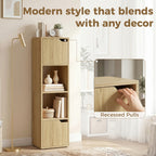 Narrow Bookcase, 4-Tier Bookshelf, Storage Cabinet with doors for Living Room, Bedroom, Oak