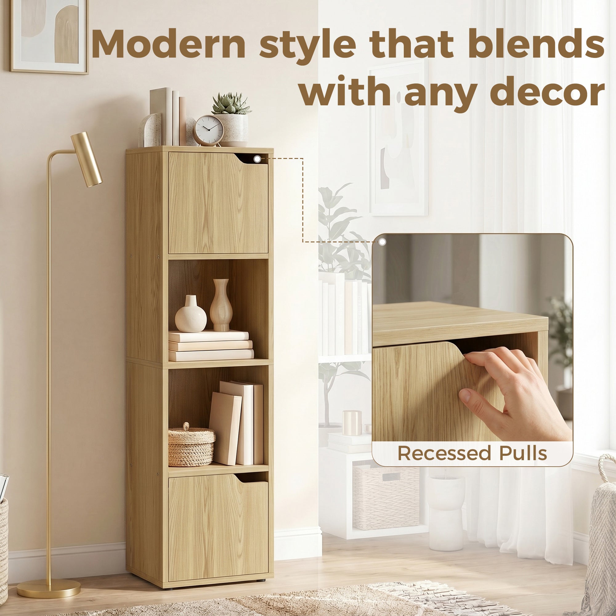 Narrow Bookcase, 4-Tier Bookshelf, Storage Cabinet with doors for Living Room, Bedroom, Oak