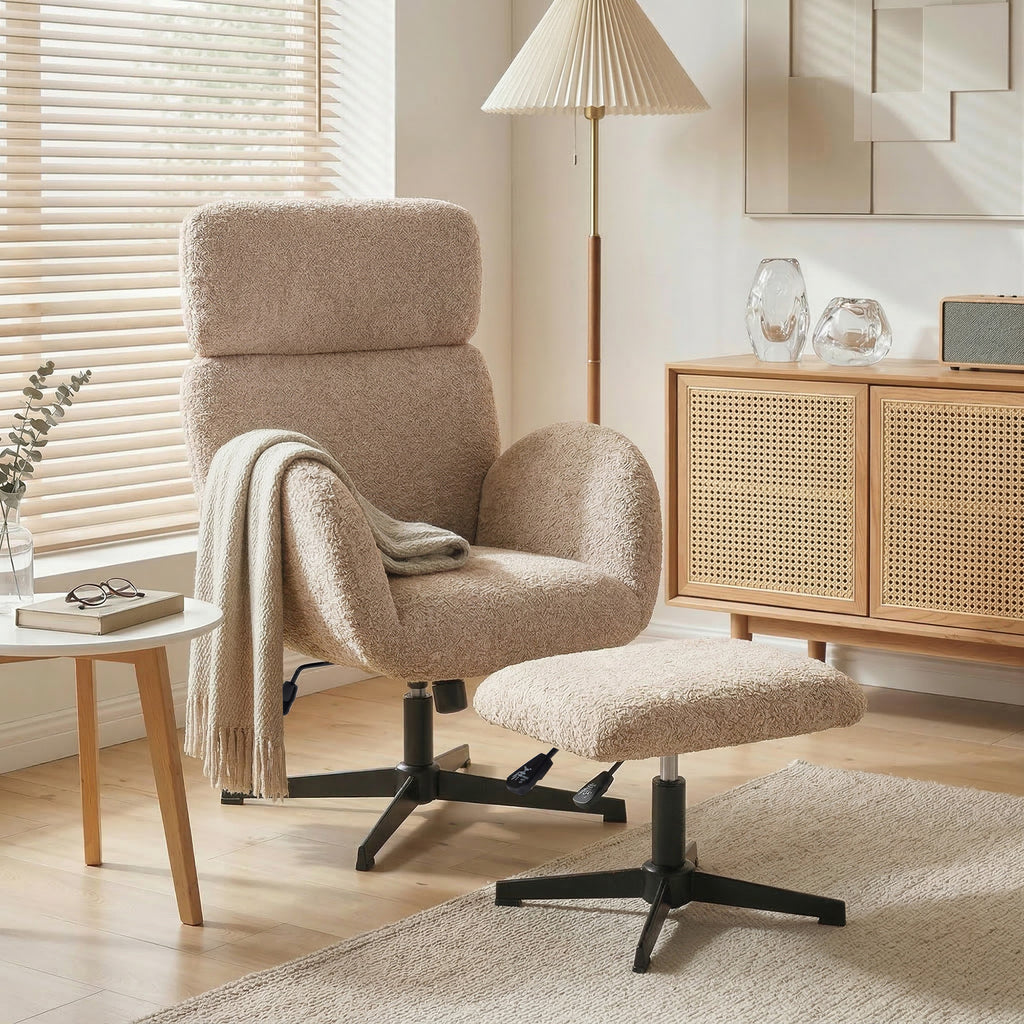 Swivel Armchair and Footstool Set, Height Adjustable Accent Chair with Adjustable Headrest, Rocking Function, Light Brown