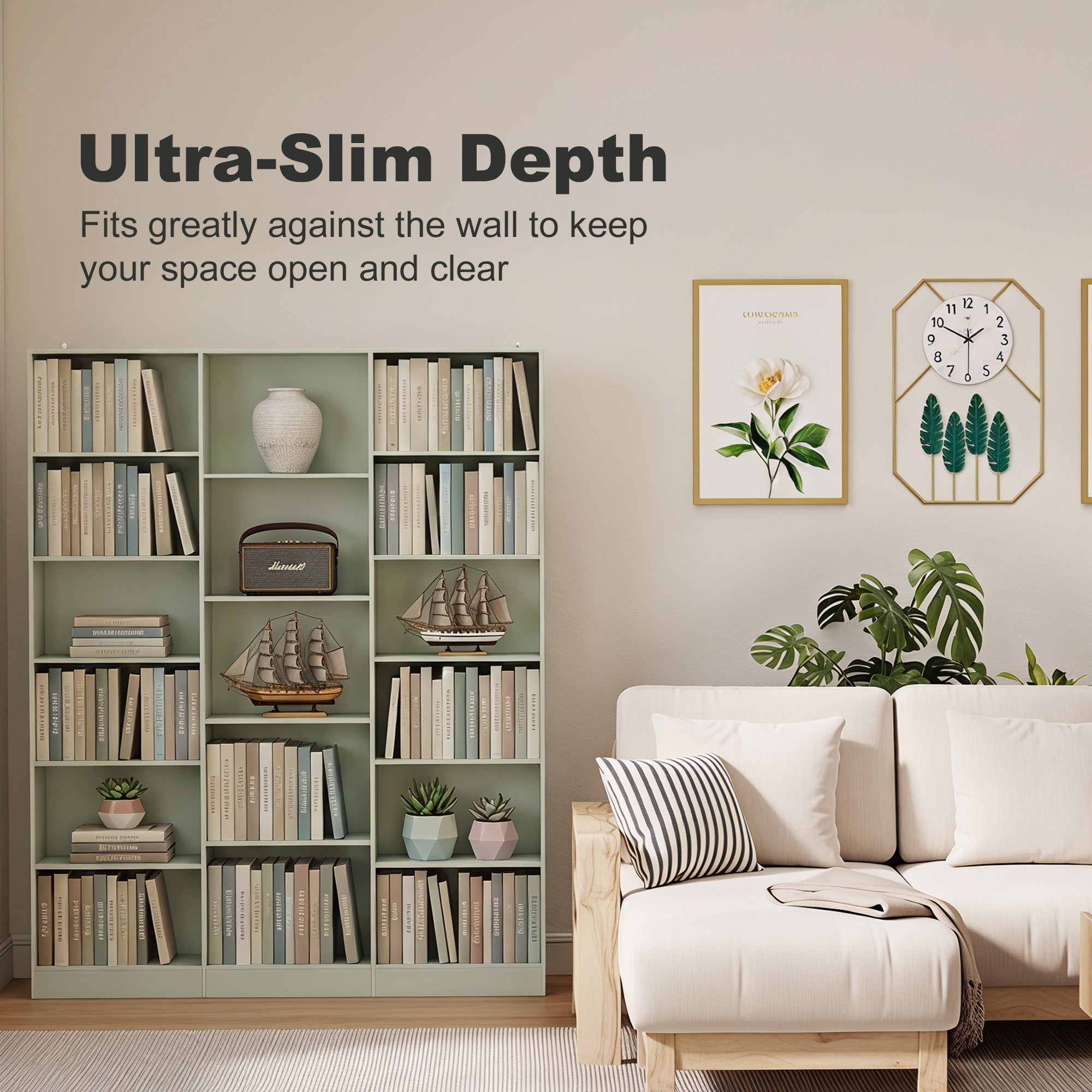 Bookcase with Open Storage, 6-Tier Bookshelf with Anti-Tipping Hardware, Light Green