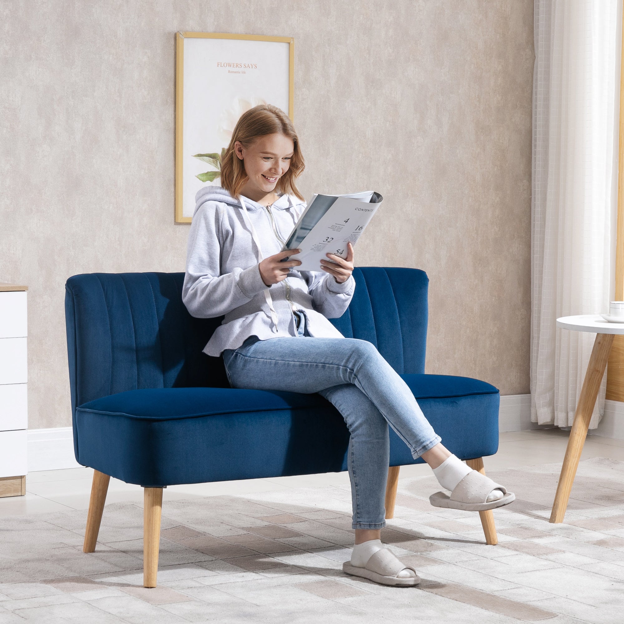 Modern Double Seat Sofa Foam Padding High Back Soft Comfortable Compact Couch Home Office Dark Blue