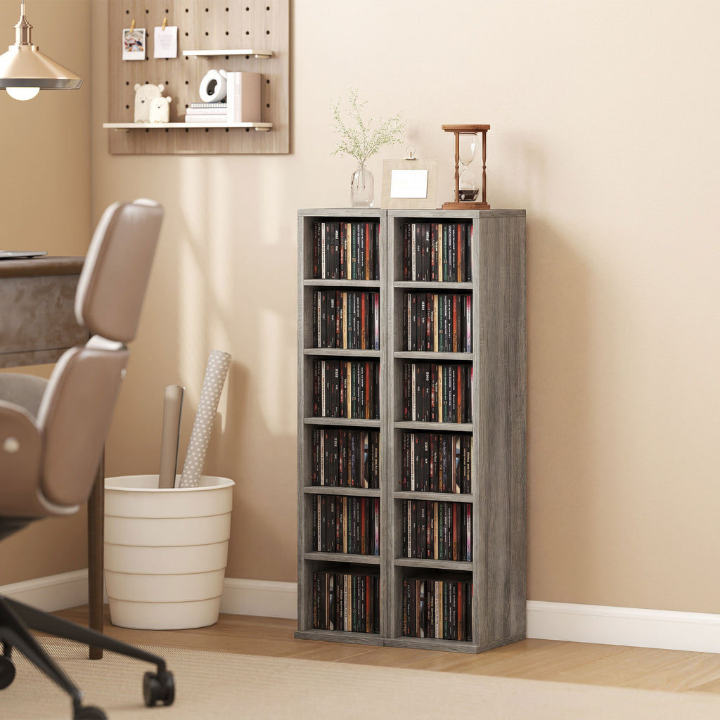 Set of 2 CD Media Display Shelf Unit Tower Rack with Adjustable Shelves, Distressed Grey