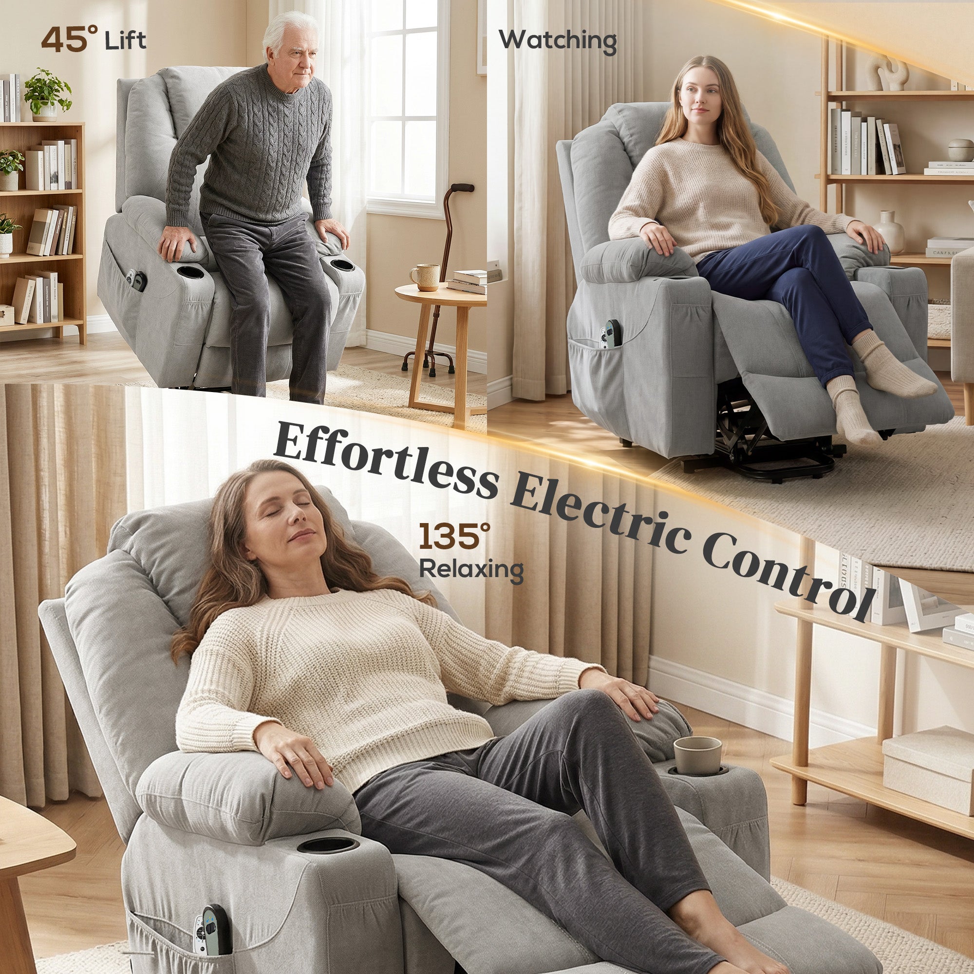 Power Lift Recliner Chair with Pocket Spring, Electric Lift Chair with Wide Backrest, Light Grey