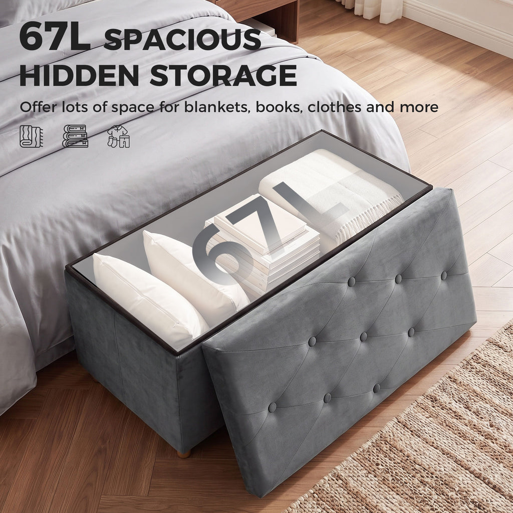Velvet Upholstered Foldable Ottoman Footrest, Storage Ottoman Bench with Wood Legs for Living Room, Grey