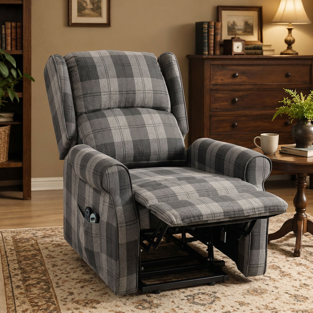 Power Lift Recliner Chair with Vibration Massage, Heat, Checked Lift Chair with Remote, Side Pockets, Grey
