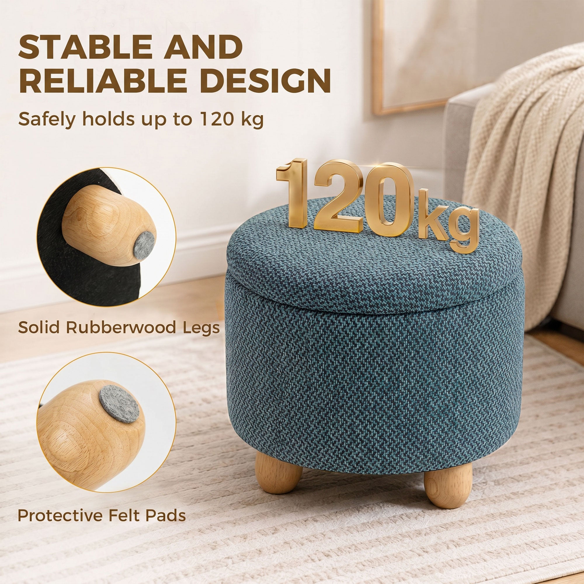 Storage Sitting Bench with Lid, Round Storage Ottoman with Rubberwood Legs, Dark Blue