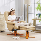 PU Leather Swivel Recliner Chair with Footstool, Wooden Base and Storage for Living Room, Beige