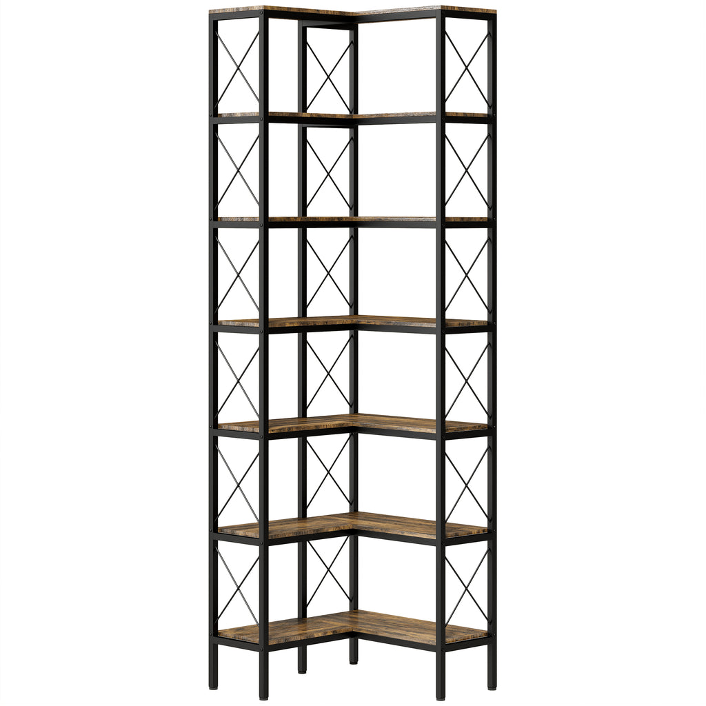 6-Tier L-Shaped Bookshelf, Freestanding Corner Bookcase with Metal Frame, Rustic Brown