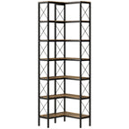 6-Tier L-Shaped Bookshelf, Freestanding Corner Bookcase with Metal Frame, Rustic Brown