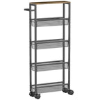 HOMCOM Slim Storage Trolley, 5-Tier Kitchen Cart on Wheels with Wood-effect Top, Handle for Living Room, Bathroom, Black