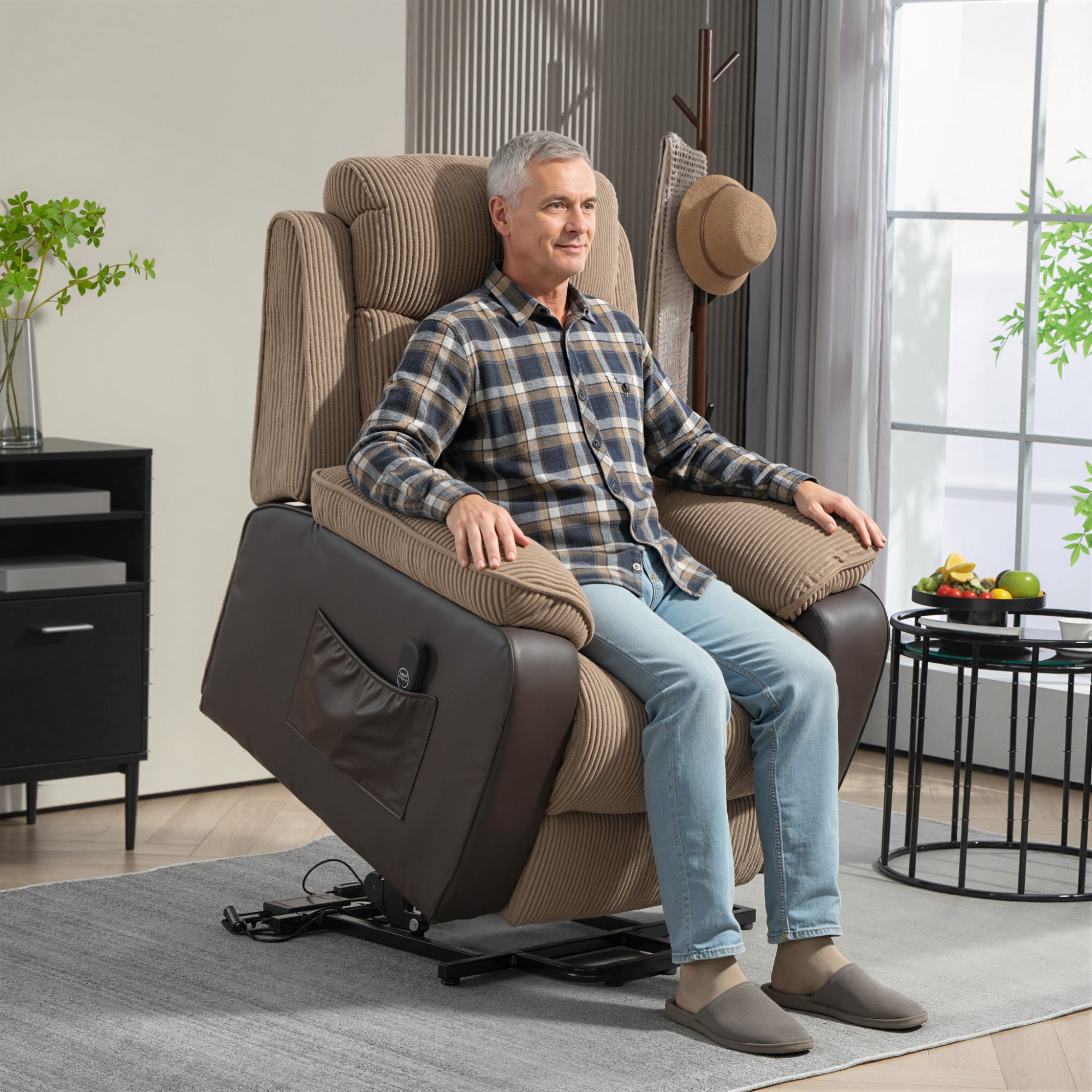 HOMCOM Overstuffed Corduroy Electric Lift Recliner Chair - Brown