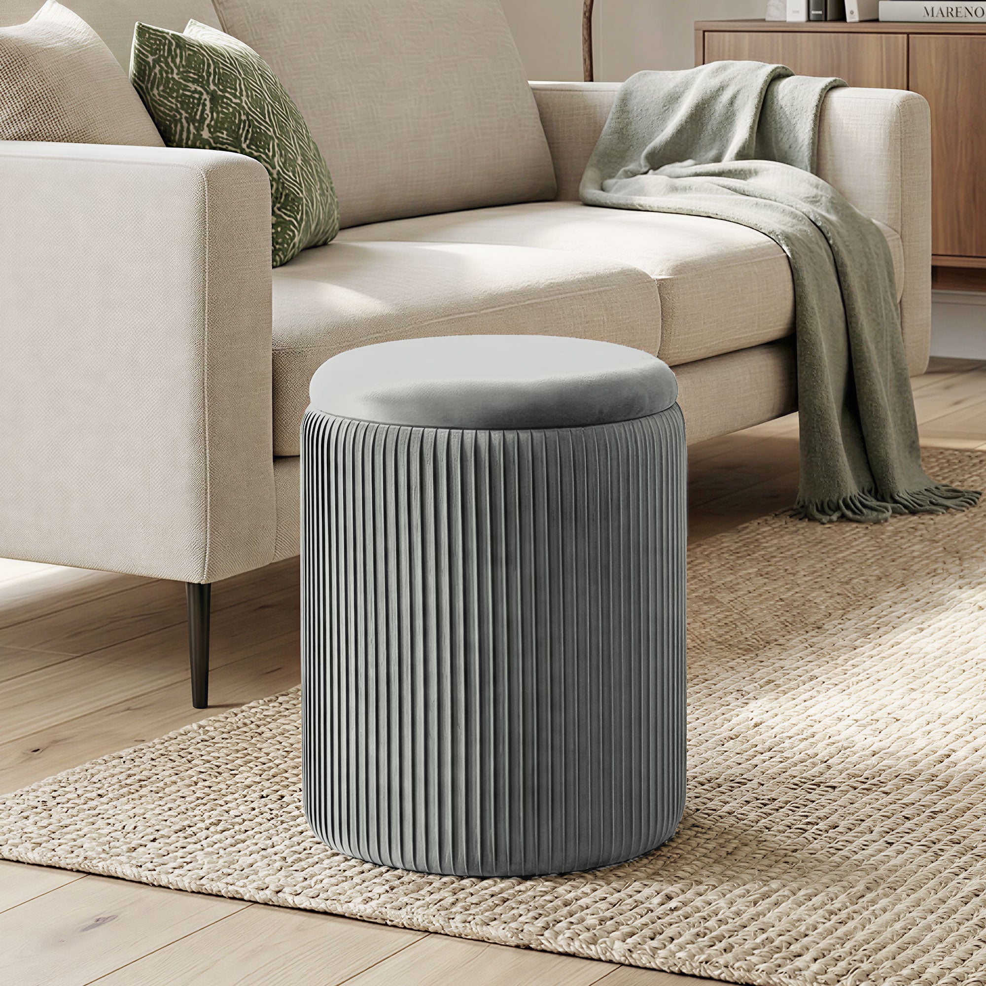 Storage Ottoman Modern Velvet Round Foot Stool for Living Room Bedroom 45 cm Grey