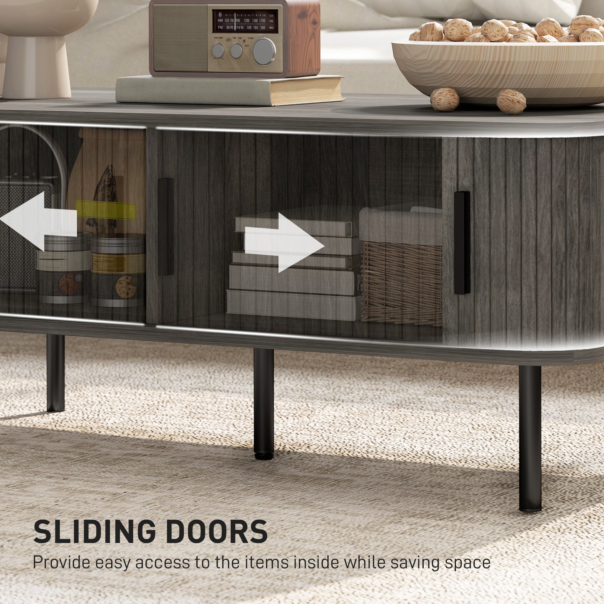 Coffee Table with Storage, Living Room Table with Slatted Tambour Sliding Doors and Adjustable Foot Pads, Rectangular Coffee Table with Elevated Base for Living Room, Grey Wood-Effect