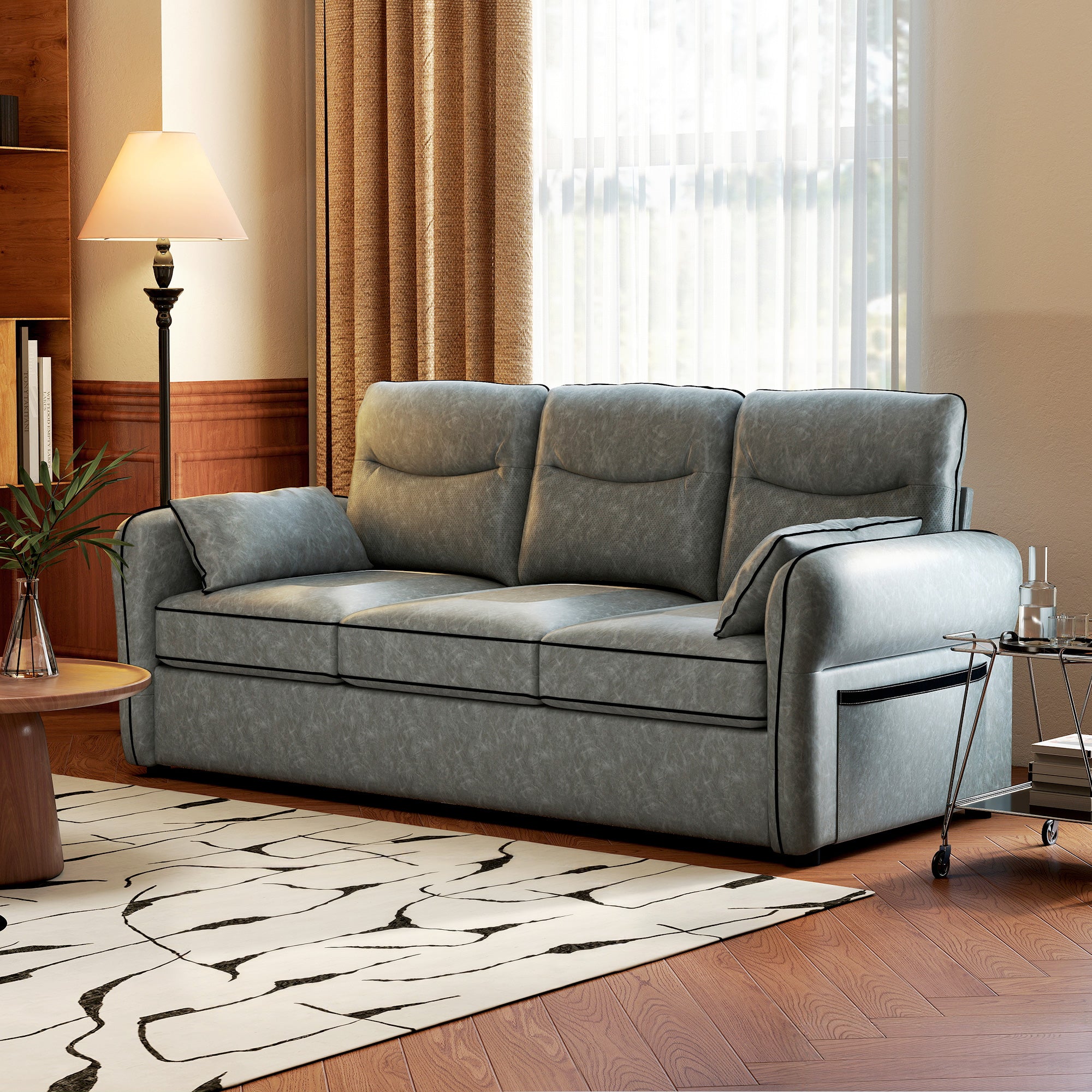3 Seater Sofa, Faux Leather Couch - Grey