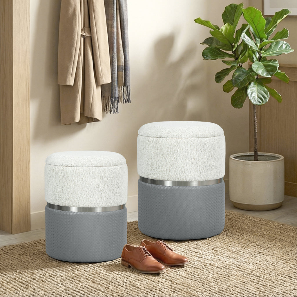 Nesting Round Ottoman with Storage Set of 2 - Cream/Grey