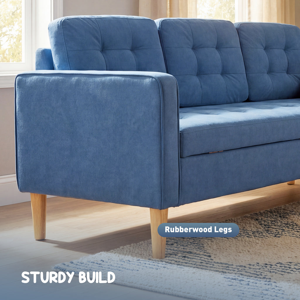 3 Seater Sofa, 169cm Couch with Hidden Storage, Wood Legs, Blue