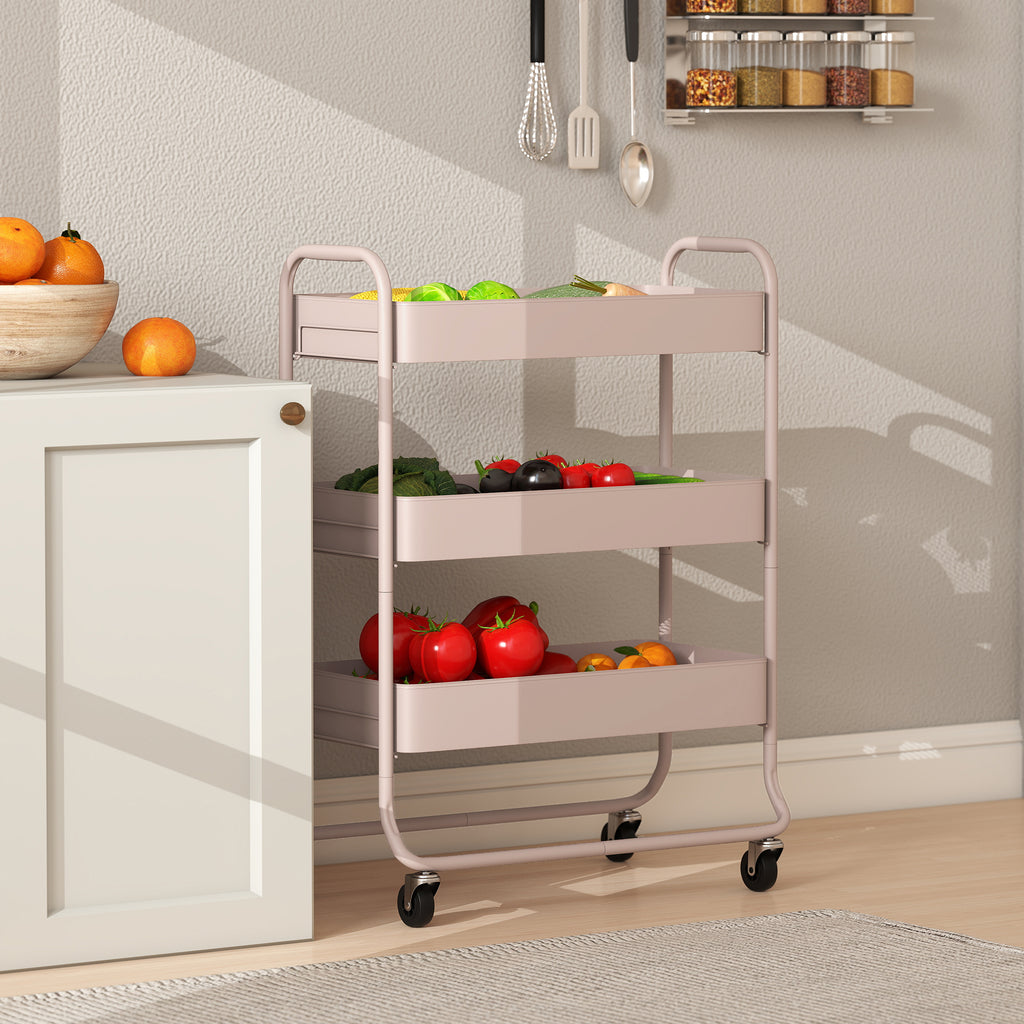 HOMCOM 3-Tier Storage Trolley on Wheels with Mesh Baskets - Light Pink