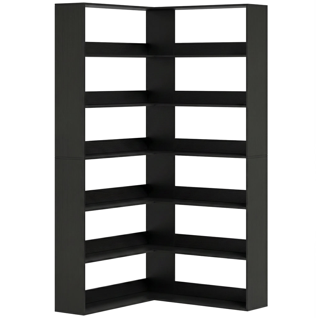 7 Tiers Bookshelf, L-Shaped Corner Bookcase with Anti-Slip Rear Guard, Black Wood Effect