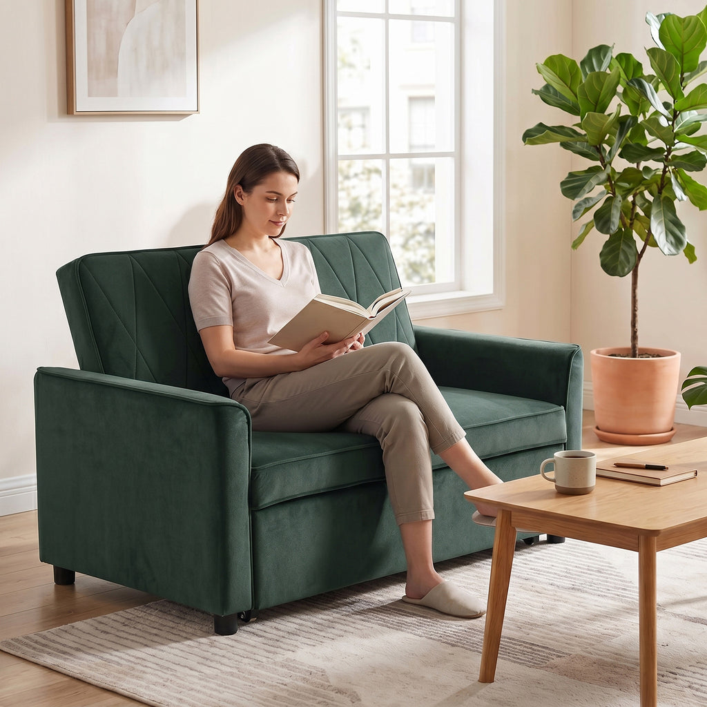2 Seater Sofa Bed, 3-in-1 Convertible Pull Out Sleeper Sofa with Click-Clack Adjustable Backrest, Dark Green