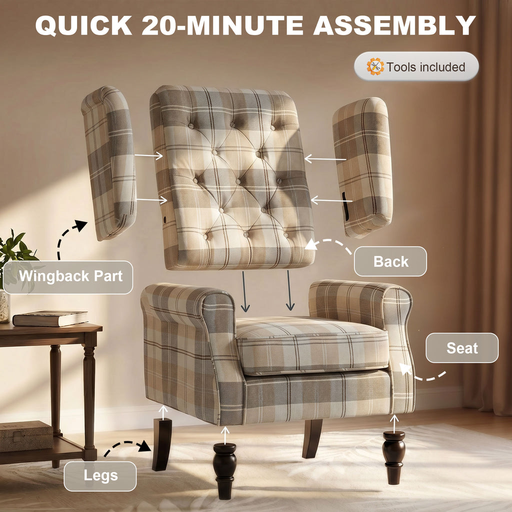 Wingback Accent Chair, Linen-Look Fabric Armchair with Thick Spring Cushion, High Back, Khaki Plaid