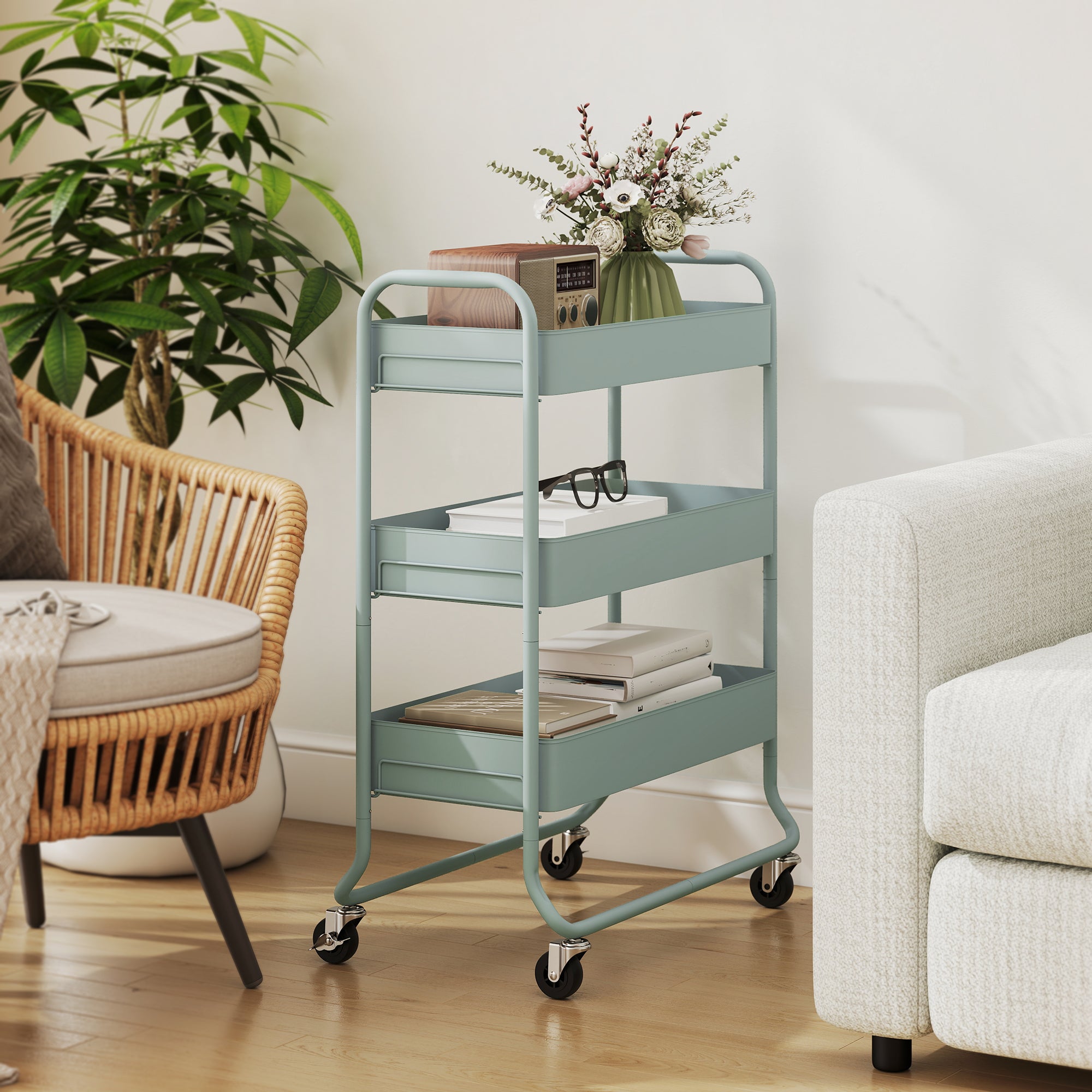 HOMCOM 3-Tier Storage Trolley on Wheels with Mesh Baskets - Light Green