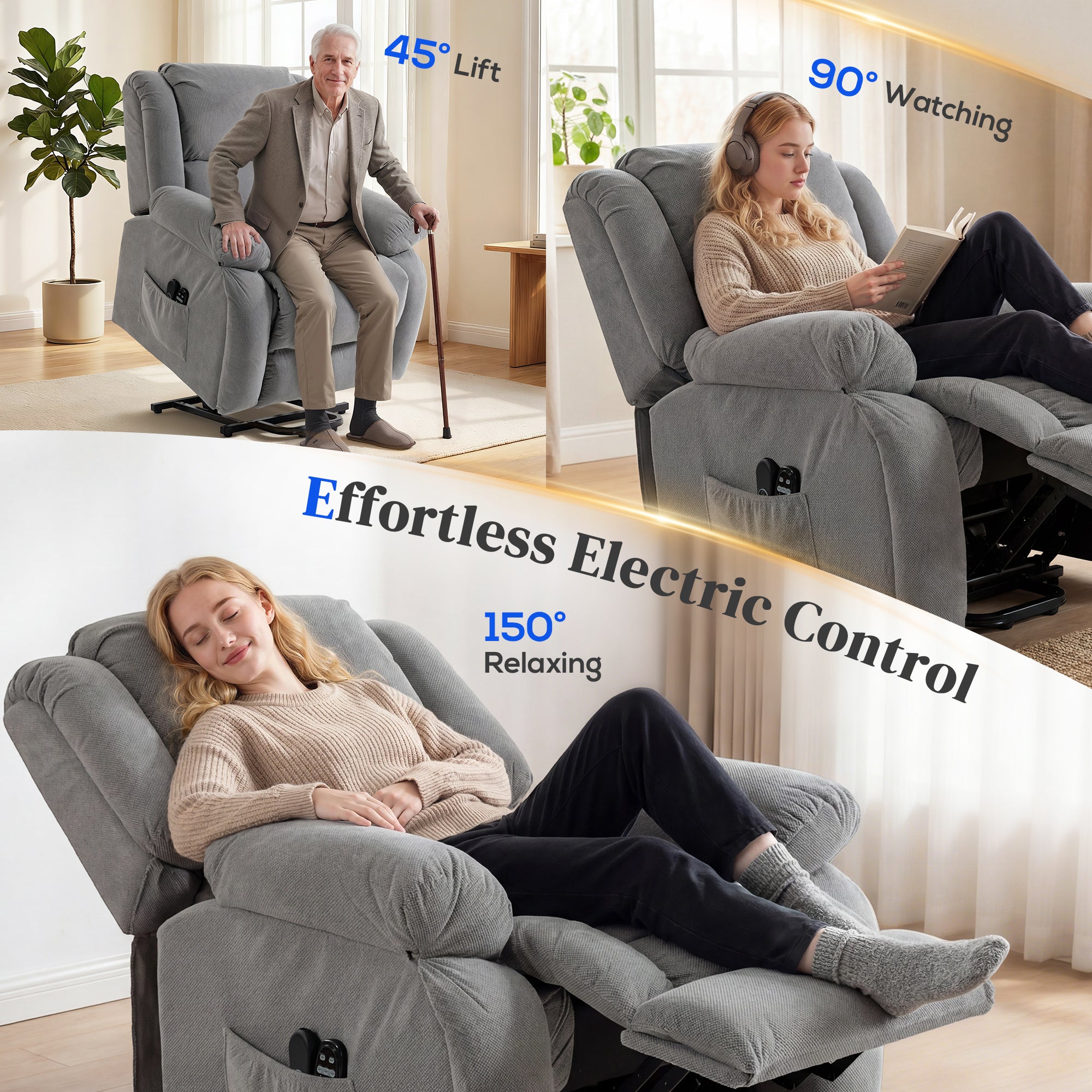 Recliner Armchair Lift Chair, Electric Recliner Chair with Vibration Massage and Heat, Wide Seat, USB Port, Light Grey
