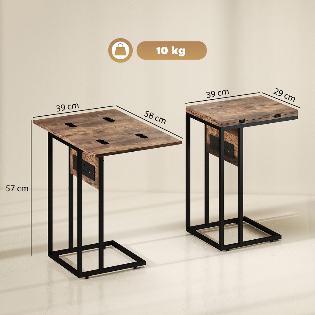 C Shaped Side Table with Charging Station and Foldable Top - Rustic Brown
