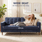 3 Seater Sofa Button Tufted Upholstered Couch with Wood Legs for Living Room, Dark Blue
