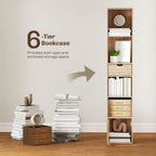 6-Tier Bookcase, Tall Narrow Bookshelf with Drawer and Door - Natural Wood Finish