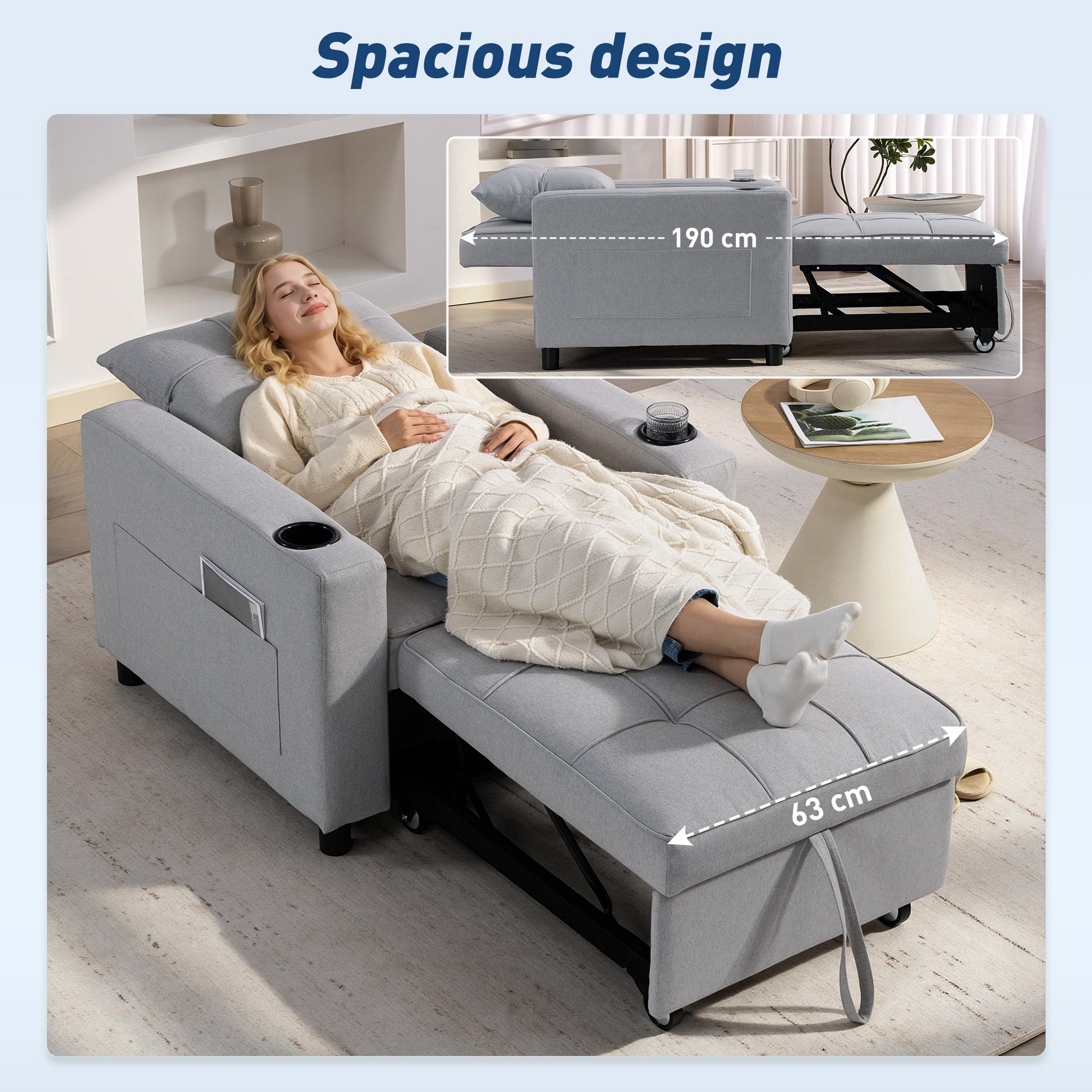 3-in-1 Single Sofa Bed, Convertible Sleeper Chair Bed - Light Grey